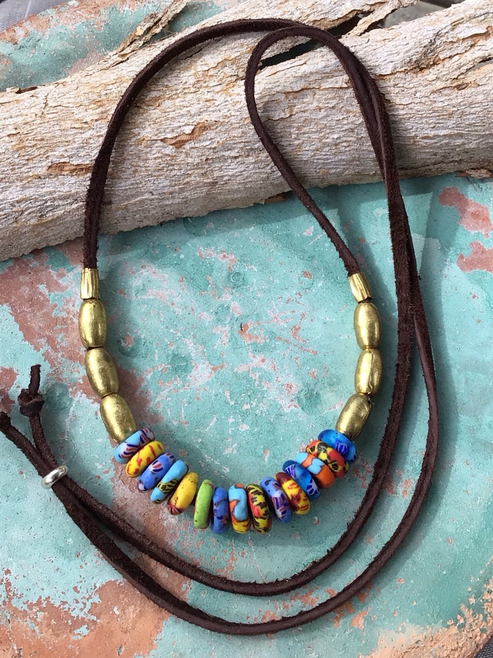 Antique Trade Beads Suede Leather Cord Sundance Charm Necklace
